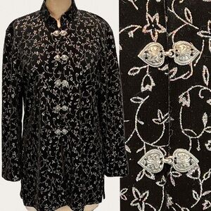 VINTAGE sparkly silver floral black velvet‎ blazer coat dressy jacket 80s 90s